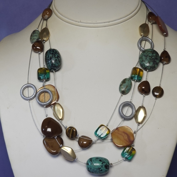 Chico's Multi Strand Silver Tone Brown & Green Beaded Necklace - Picture 7 of 7